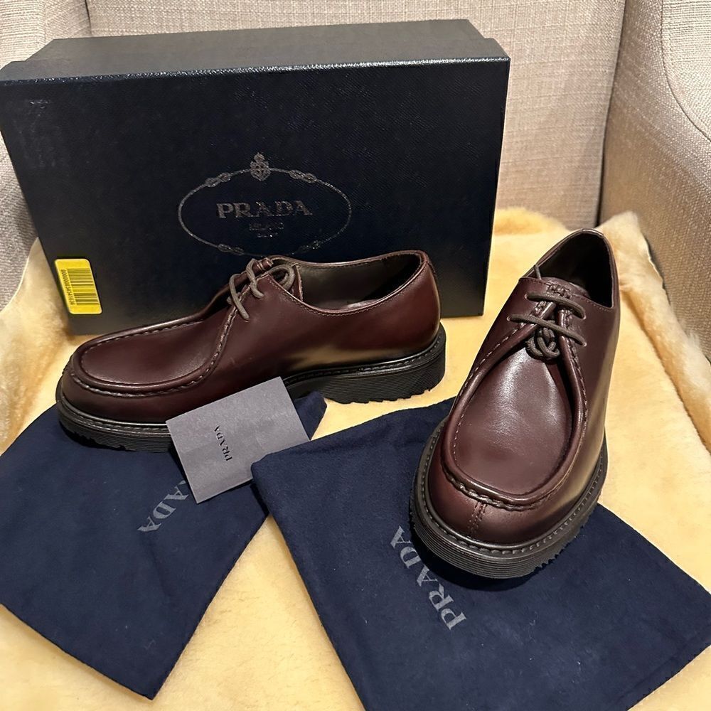 Prada Men’s brushed leather lace-up men’s shoes loafers Sz US 7,5/EU 40.5-41 NIB